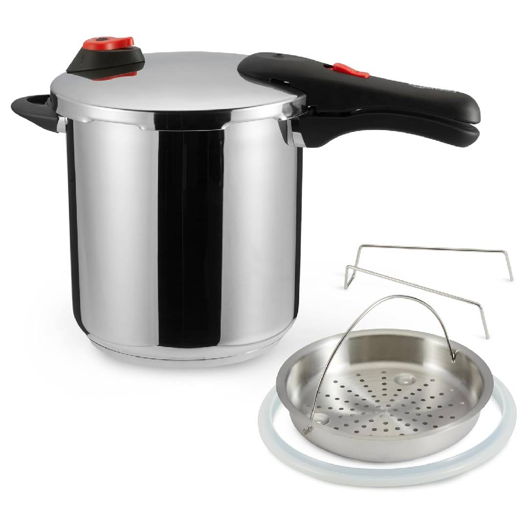 Amazon Basics Stainless Steel Pressure Cooker with Steamer and Extra Silicone Ring, 9 Litre