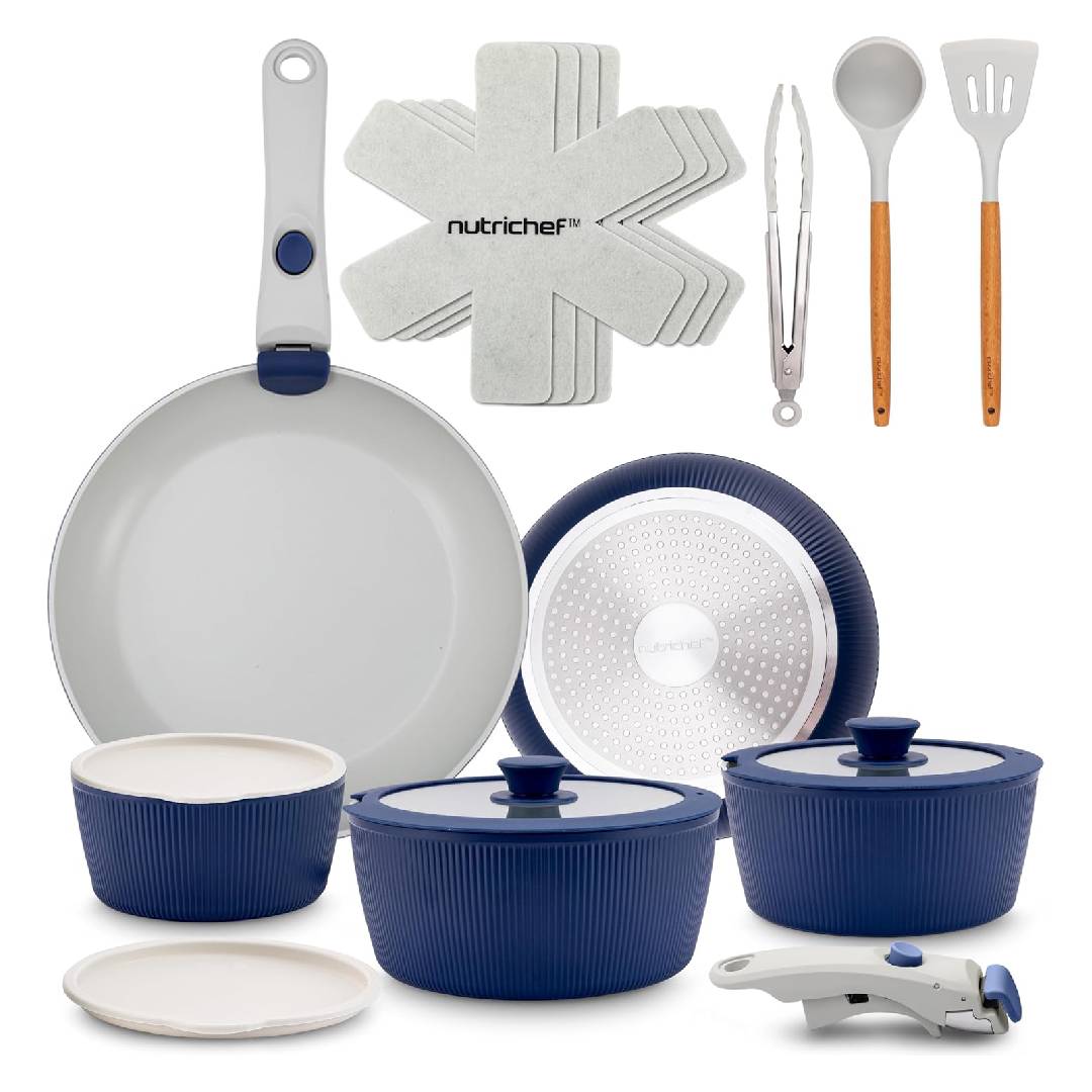 NutriChef 18-Piece Ceramic Cookware Set with Detachable Handles