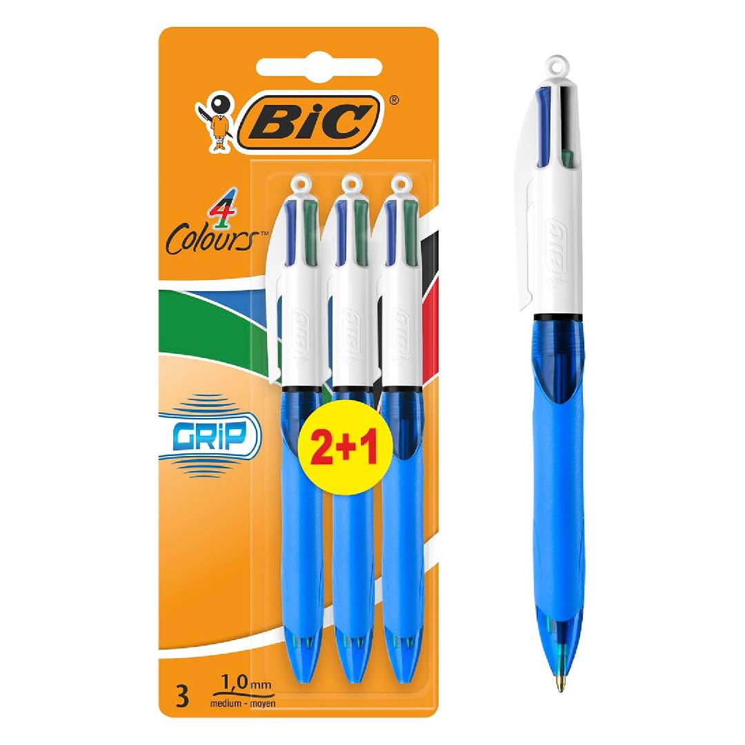 Bic 4 Colours Retractable Ballpoint Pens, Medium Point (1.0 mm) Every-Day Writing with Extra Comfort Grip, Blue, Pack of 3