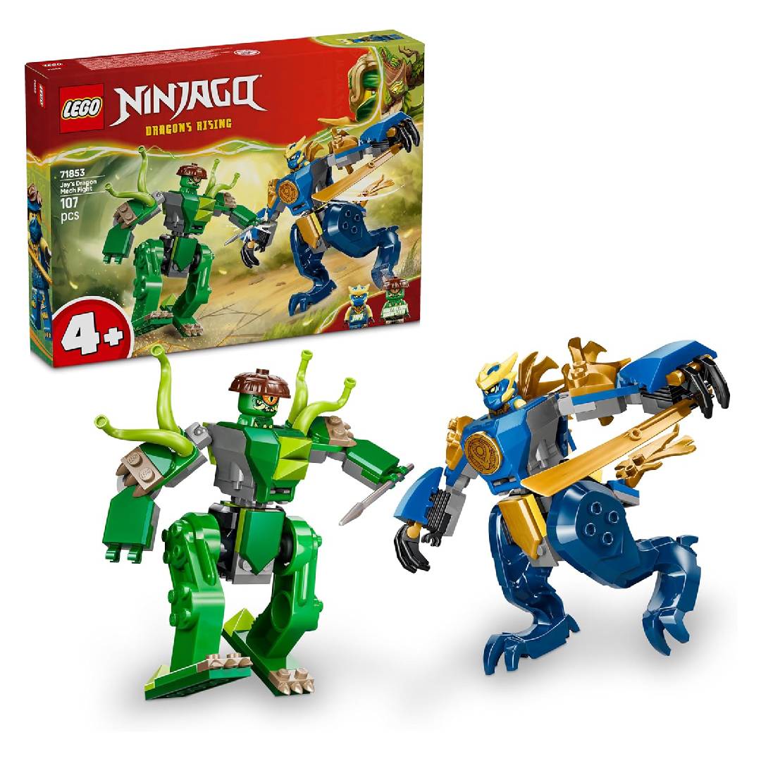 LEGO NINJAGO Jay's Dragon Mech Fight - Ninja Toy w/ 2 Action Figures, 2 Minifigures, Katana & Sword - Birthday Gift for 4+ Year Old Boys & Fans - 71853