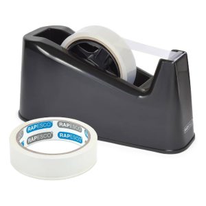 Rapesco 1540 Heavy Duty Tape Dispenser 500 with 2 Clear Tape Rolls, Black