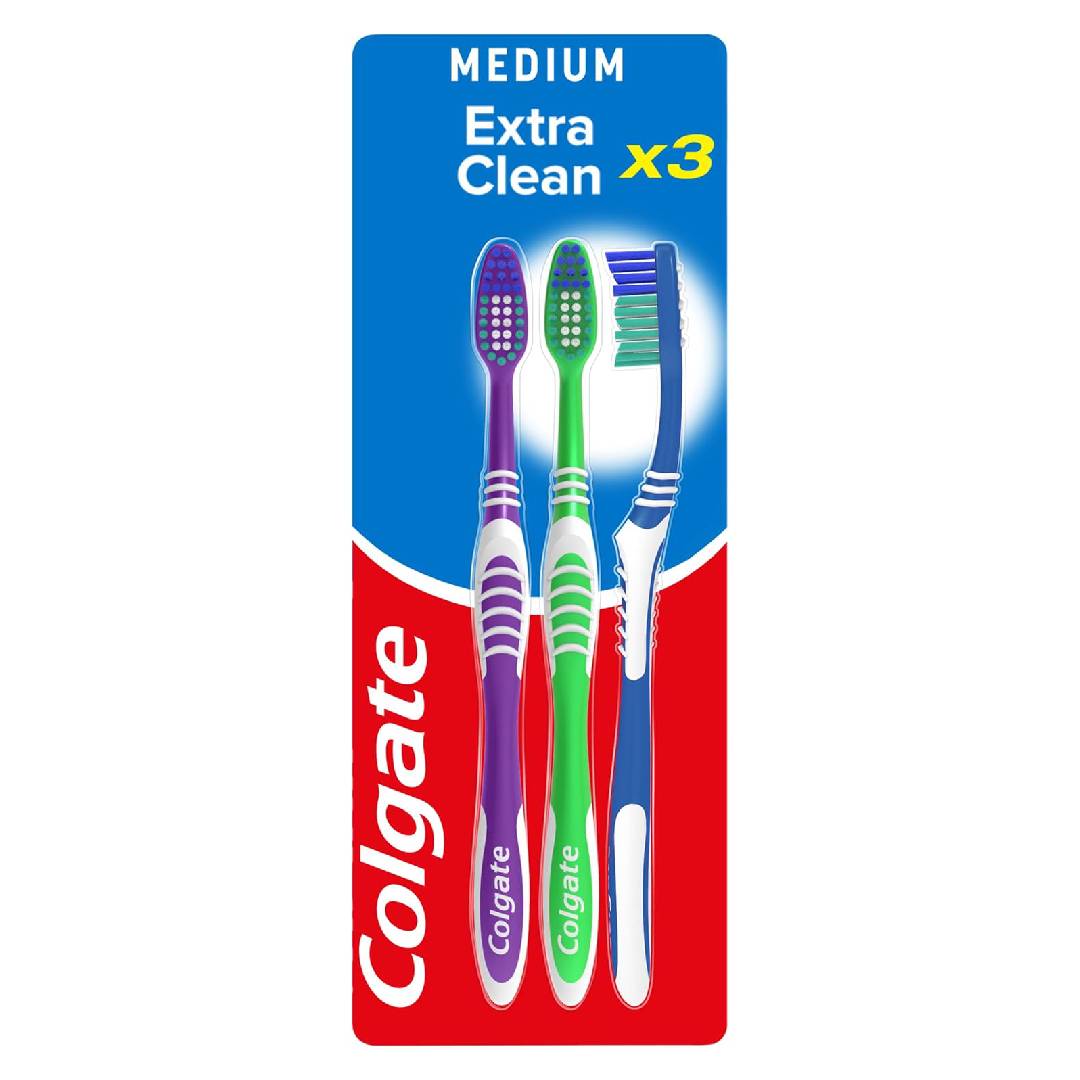 Colgate Extra Medium Toothbrush (Assorted) with a Cleaning Tip that Reaches and Cleans Back Teeth, (Pack of 3), Manual, Assorted