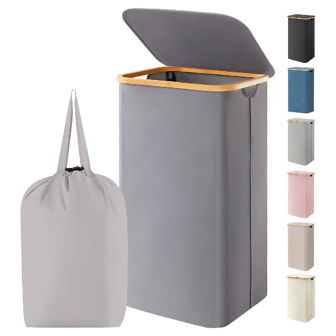Lifewit 105L Laundry Basket with Lid, Foldable, Bamboo Handles, Grey