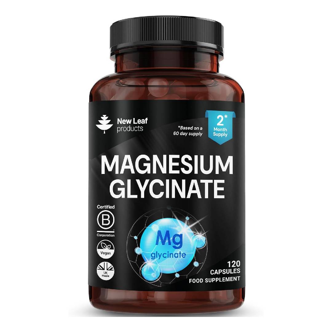 Magnesium Glycinate - 120 High Strength Capsules Pure 1040mg of Providing 208mg Elemental Per Serving -Magnesium Supplements – Bones, Muscle Health, Vegan, UK Made By New Leaf Products
