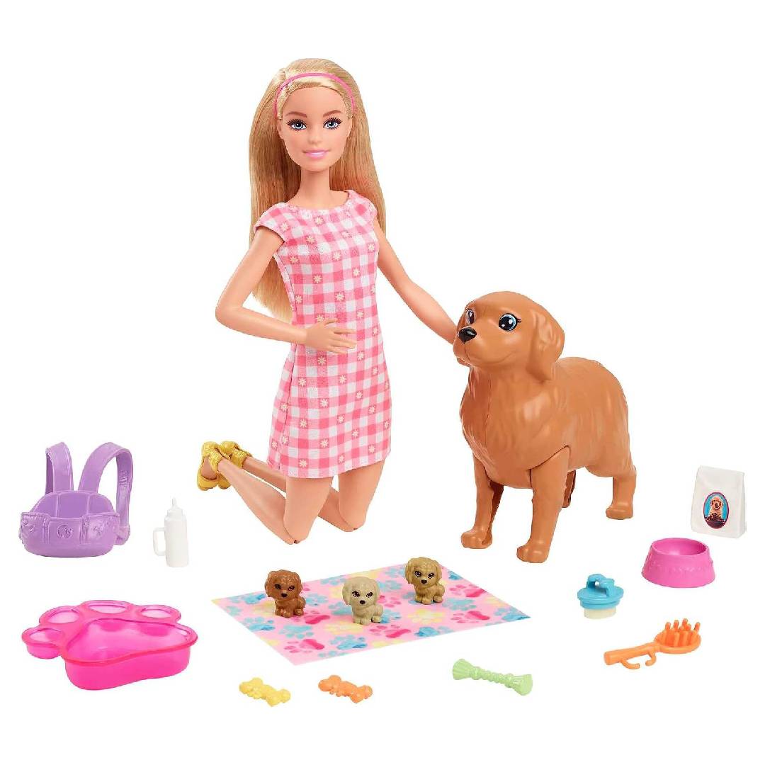 Blonde Barbie Doll with Mommy Dog and 3 Puppies