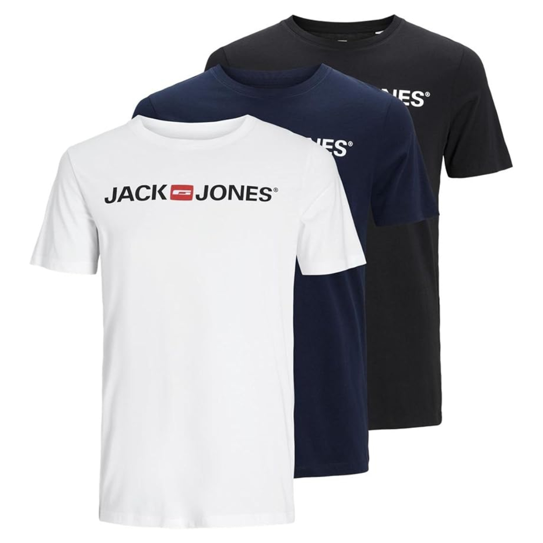 JACK AND JONES Mens Jjecorp Logo Crew Neck T Shirt 3 Pack