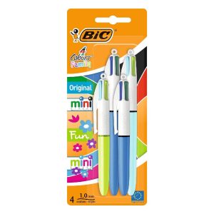 BIC 4 Colours Family Pen Pack of Retractable Ballpoint Pens with Four Ink Colours, Set of 4 (2 Mini, 2 Original)