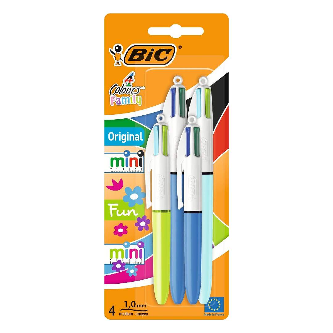 BIC 4 Colours Family Pen Pack of Retractable Ballpoint Pens with Four Ink Colours, Set of 4 (2 Mini, 2 Original)