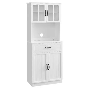 VASAGLE Tall Cabinet Kitchen Cabinet with Glass Doors and Adjustable Shelves, Drawer, Cable Hole, Microwave, Modern Style, White LSC361W21